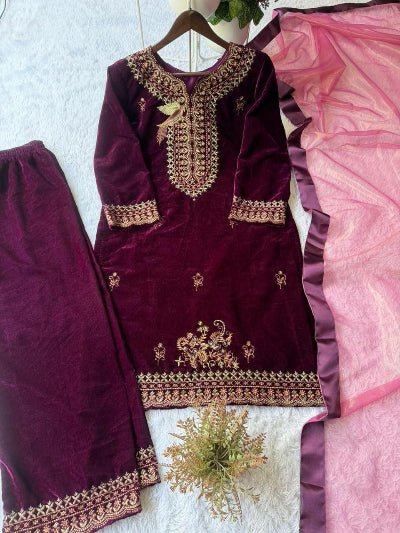 Elegant Burgandy Velvet Gold Embroidery Salwar Suit - BONYHUBSALWAR KAMEEZ