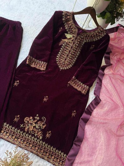 Elegant Burgandy Velvet Gold Embroidery Salwar Suit - BONYHUBSALWAR KAMEEZ