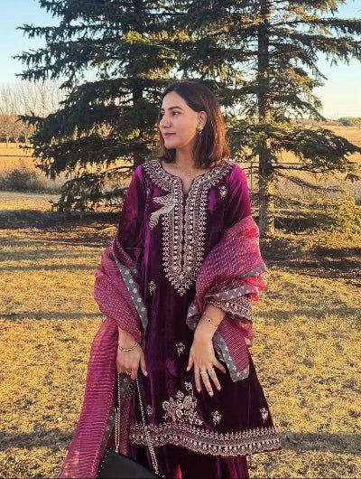 Elegant Burgandy Velvet Gold Embroidery Salwar Suit - BONYHUBSALWAR KAMEEZ