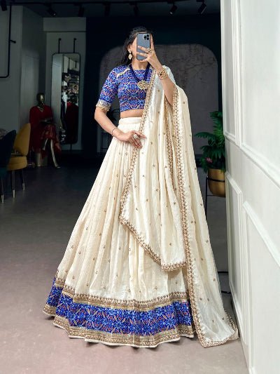 Elegant Cream White & Blue Vichitra Silk Lehenga Choli Set - BONYHUBSALWAR KAMEEZ