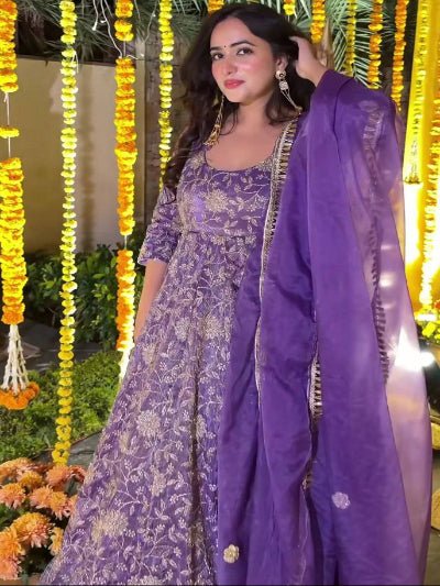 Elegant Purple Crunchy Silk Embroidery Work Anarkali Suit - BONYHUBSALWAR KAMEEZ