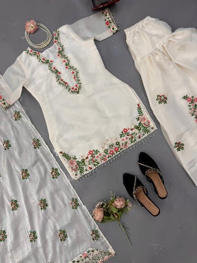 Elegant White Embroidered Farshi Palazzo Suit - BONYHUBSALWAR KAMEEZ