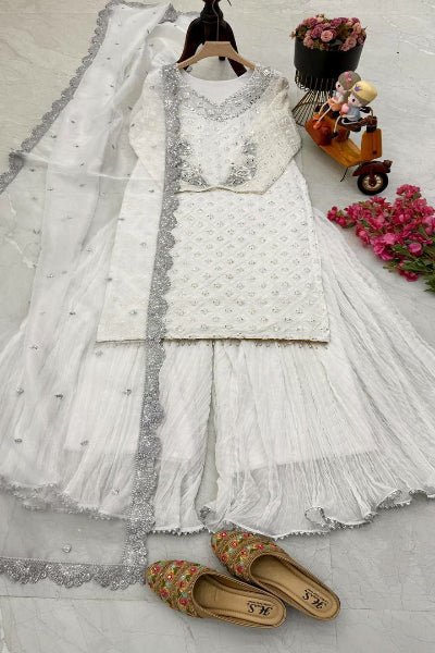 Elegant White Mirror Work Sharara Palazzo Set UK Next Day - BONYHUBSALWAR KAMEEZ