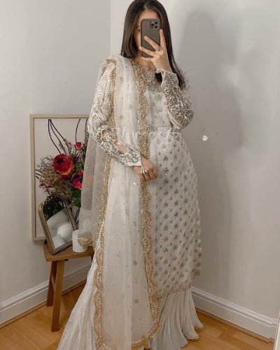 Elegant White Mirror Work Sharara Palazzo Set UK Next Day - BONYHUBSALWAR KAMEEZ