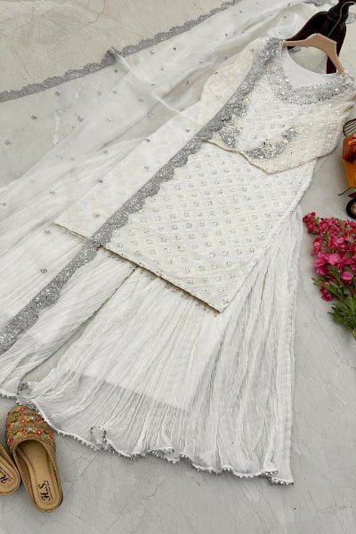 Elegant White Mirror Work Sharara Palazzo Set UK Next Day - BONYHUBSALWAR KAMEEZ