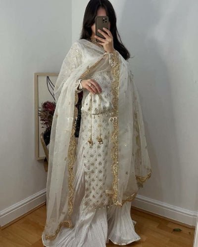 Elegant White Mirror Work Sharara Palazzo Set UK Next Day - BONYHUBSALWAR KAMEEZ