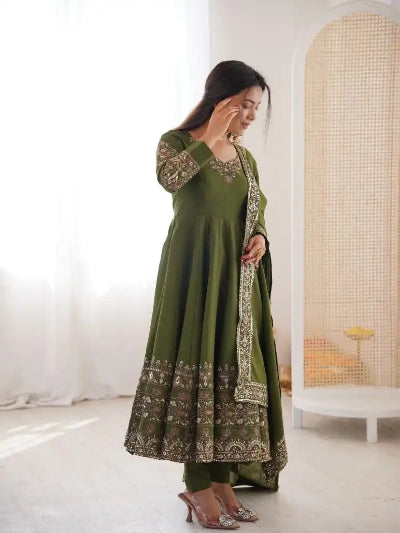 Designer Olive Green Embroidery Work Anarkali Suit