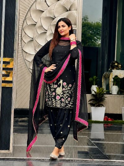 Embroidered Faux Georgette Dhoti Suit with Dupatta  Black 