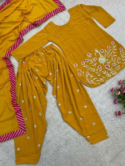 Embroidered Faux Georgette Dhoti Suit with Dupatta  Mustard 1