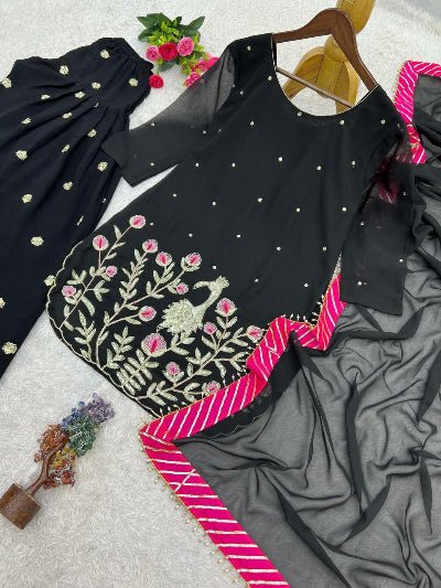 Embroidered Faux Georgette Dhoti Suit with Dupatta  Black 1