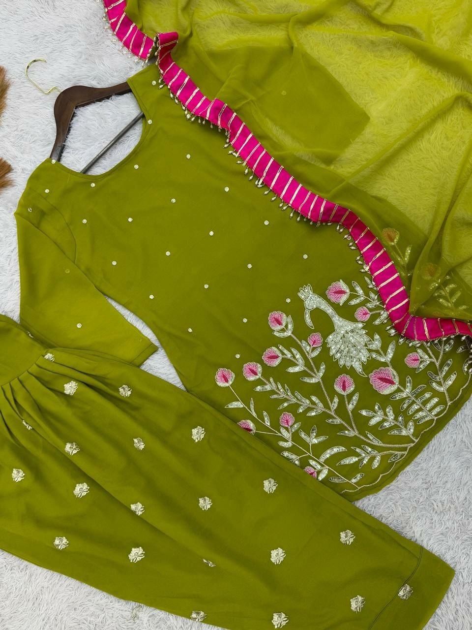 Embroidered Faux Georgette Dhoti Suit with Dupatta Green Mehandi1