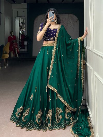 Emerald Green &amp; Blue Embroidered Lehenga Choli Set - BONYHUBSALWAR KAMEEZ