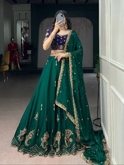 Emerald Green & Blue Embroidered Lehenga Choli Set - BONYHUBSALWAR KAMEEZ