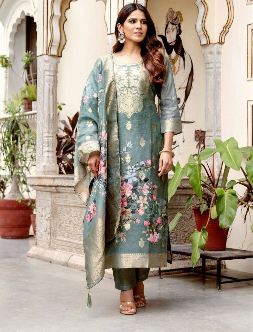 Emerald Green Floral Chanderi Jacquard Salwar Suit Set - BONYHUBSALWAR KAMEEZ