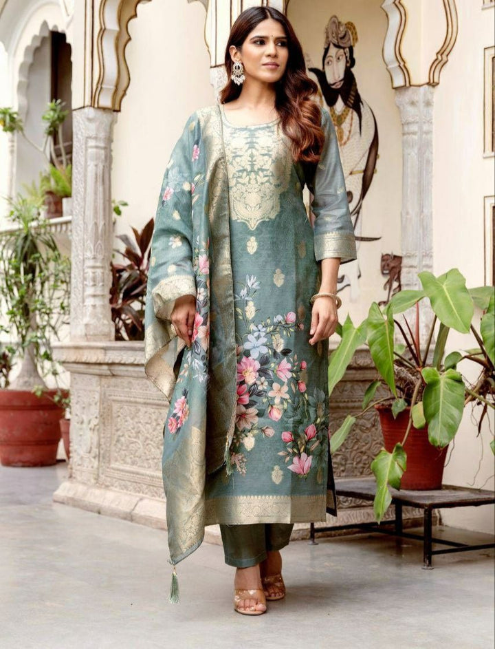 Emerald Green Floral Chanderi Jacquard Salwar Suit Set - BONYHUBSALWAR KAMEEZ