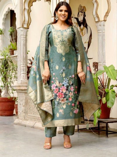 Emerald Green Floral Chanderi Jacquard Salwar Suit Set - BONYHUBSALWAR KAMEEZ