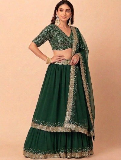 Emerald Green Zari &amp; Sequin Embroidered Lehenga Choli with Dupatta - BONYHUBSALWAR KAMEEZ