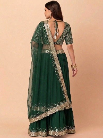 Emerald Green Zari &amp; Sequin Embroidered Lehenga Choli with Dupatta - BONYHUBSALWAR KAMEEZ