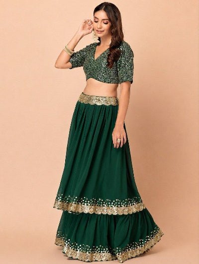 Emerald Green Zari &amp; Sequin Embroidered Lehenga Choli with Dupatta - BONYHUBSALWAR KAMEEZ