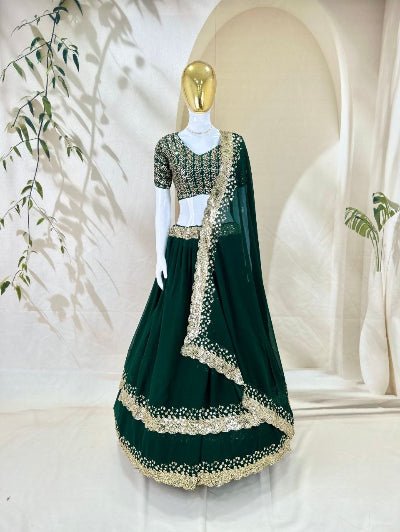 Emerald Green Zari &amp; Sequin Embroidered Lehenga Choli with Dupatta - BONYHUBSALWAR KAMEEZ