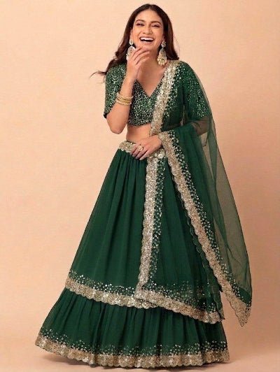 Emerald Green Zari &amp; Sequin Embroidered Lehenga Choli with Dupatta - BONYHUBSALWAR KAMEEZ