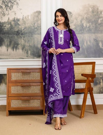 Purple Pure Cotton Embroidered Yoke Straight Suit Set - BONYHUBSALWAR KAMEEZ