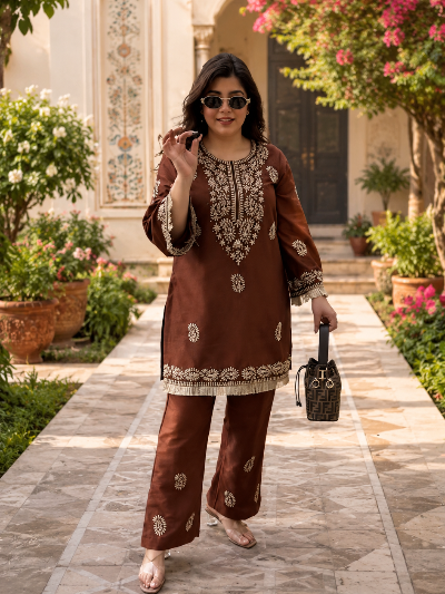 Brown Rayon Embroidered Kurti Pant Set Of 2