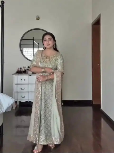 Pastel Gold Georgette Embroidered Mirror Work Straight Suit