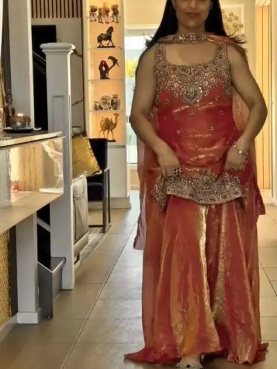 Orange Gold Embroidery Zari Work Sharara Suit - BONYHUBSALWAR KAMEEZ