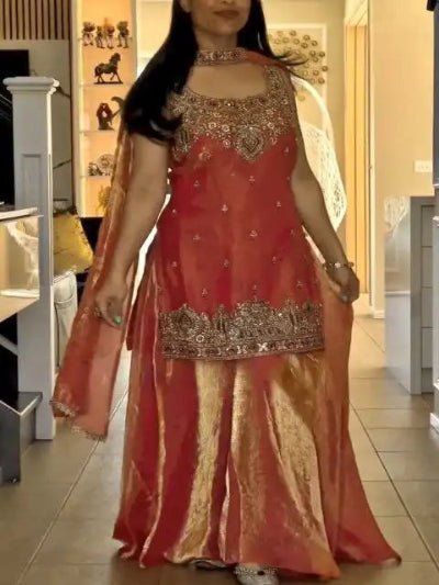 Orange Gold Embroidery Zari Work Sharara Suit - BONYHUBSALWAR KAMEEZ