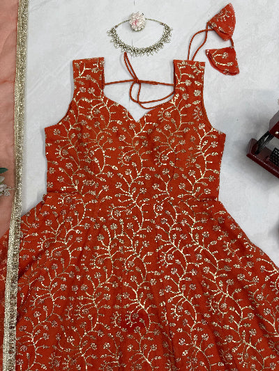 Orange Sleeveless Partywear Anarkali Palazzo &amp; Dupatta