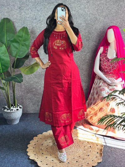 Red Jaipuri Handblock Print Cotton Kurti Pant Set Of 2 - BONYHUBSALWAR KAMEEZ