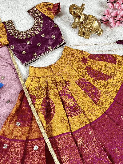 Festive Maroon Mango Yellow Kids Lehenga Choli Set UK Next Day - BONYHUBClothing