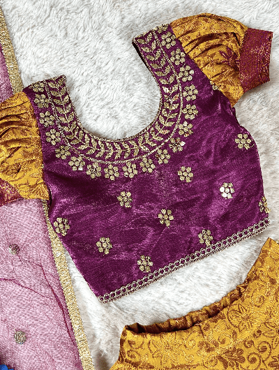 Festive Maroon Mango Yellow Kids Lehenga Choli Set UK Next Day - BONYHUBClothing