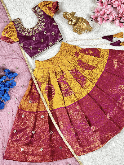 Festive Maroon Mango Yellow Kids Lehenga Choli Set UK Next Day - BONYHUBClothing