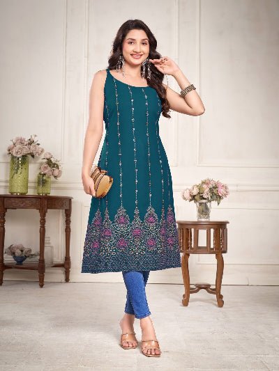 Festive Traditional Foil Print Kurti 1pc - BONYHUBSALWAR KAMEEZ
