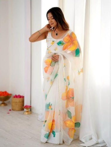 Floral Pearl Embroidered Sari with Unstiched Blouse - BONYHUBSAREE