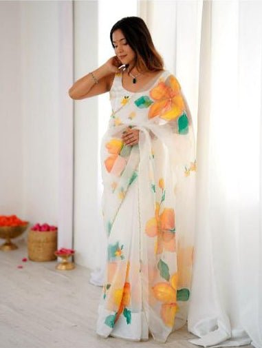 Floral Pearl Embroidered Sari with Unstiched Blouse - BONYHUBSAREE