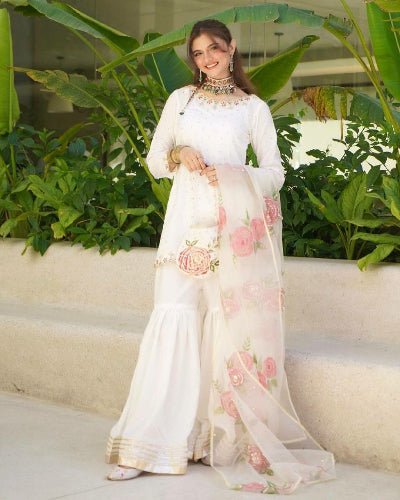 Frost White Embroidered Sharara Suit With Floral Tabby Silk Dupatta - BONYHUBSALWAR KAMEEZ