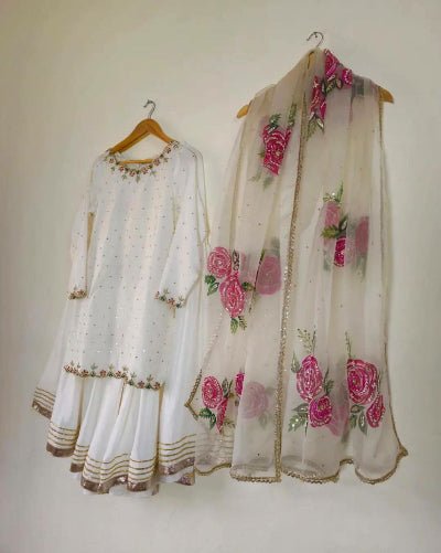 Frost White Embroidered Sharara Suit With Floral Tabby Silk Dupatta - BONYHUBSALWAR KAMEEZ