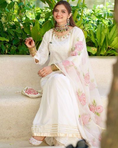Frost White Embroidered Sharara Suit With Floral Tabby Silk Dupatta - BONYHUBSALWAR KAMEEZ