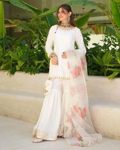 Frost White Embroidered Sharara Suit With Floral Tabby Silk Dupatta - BONYHUBSALWAR KAMEEZ