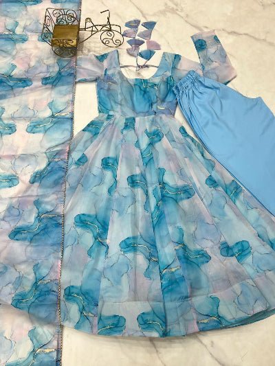 Frosted Misty Blue Printed Anarkali Suit Set - BONYHUBSALWAR KAMEEZ