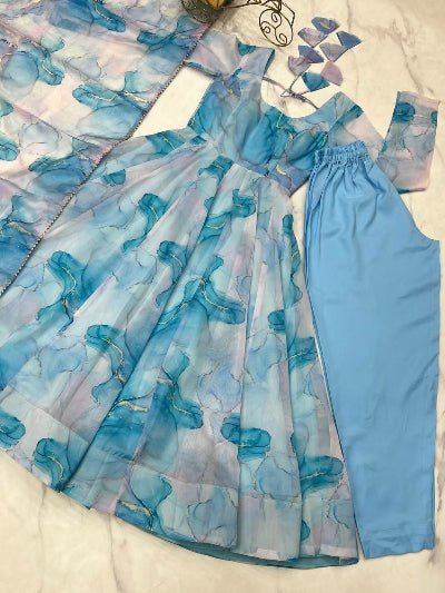 Frosted Misty Blue Printed Anarkali Suit Set - BONYHUBSALWAR KAMEEZ