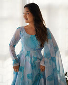 Frosted Misty Blue Printed Anarkali Suit Set - BONYHUBSALWAR KAMEEZ