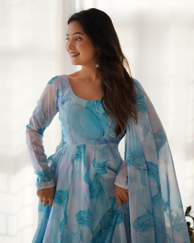 Frosted Misty Blue Printed Anarkali Suit Set - BONYHUBSALWAR KAMEEZ