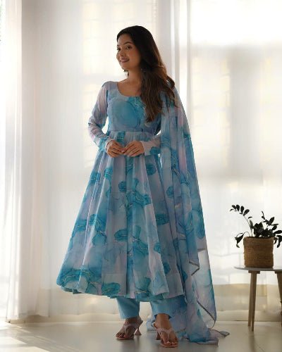 Frosted Misty Blue Printed Anarkali Suit Set - BONYHUBSALWAR KAMEEZ