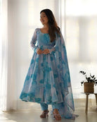 Frosted Misty Blue Printed Anarkali Suit Set - BONYHUBSALWAR KAMEEZ