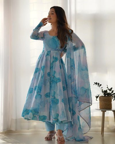 Frosted Misty Blue Printed Anarkali Suit Set - BONYHUBSALWAR KAMEEZ
