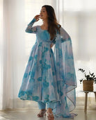 Frosted Misty Blue Printed Anarkali Suit Set - BONYHUBSALWAR KAMEEZ